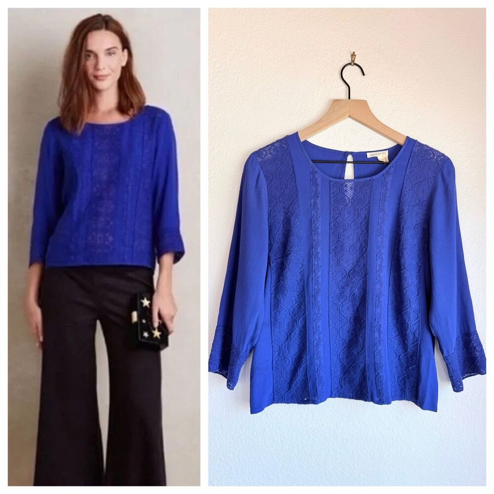 Anthropologie Meadow Rue Salina Royal Blue Lace Top Blouse NWOT Sz S 3/4 Sleeve